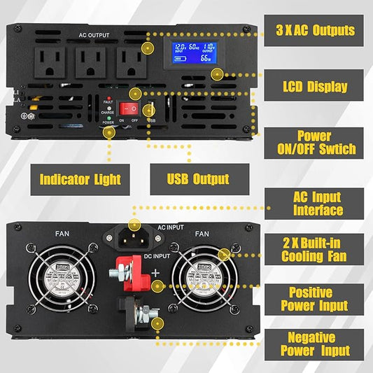 2000W Primary Sump Pump Backup System, Basment Protection Backup Inverter, Black, LCD Display, Auto Switches for Continuous Sump Pump Operation, Basement Emergency and Power Outage Backup