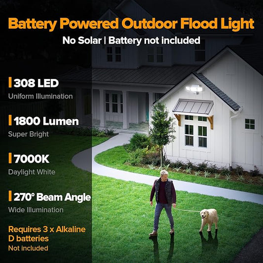 UME Battery Powered Motion Sensor Outdoor Lights 302 LED 1800LM, IP65 Waterproof Battery Operated Flood Lights Outdoor, 3 Heads Security Motion Light with 3 Modes for Garden Patio Yard, 2 Pack (White)