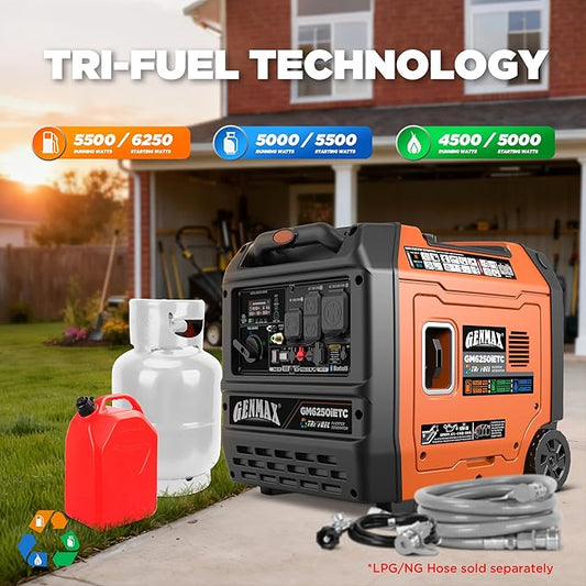 GENMAX 6250w Tri-Fuel Silent Inverter Generator(2026Model)Features 2-Wire Auto Start/Stop,bluetooth APP Control,CO Sensor,Digital Display&50A Outlet-Ideal for Home Backup&Camping Outdoor,EPA Compliant