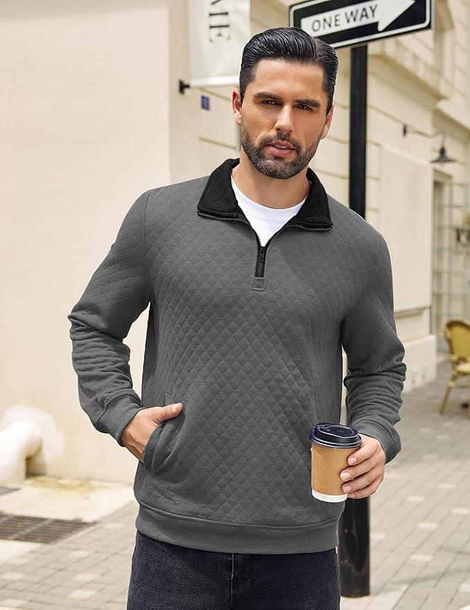 COOFANDY Mens Quarter Zip Pullover Quilted Sweatshirt Knit Long Sleeve Mock Neck Sweater Polo with Pocket