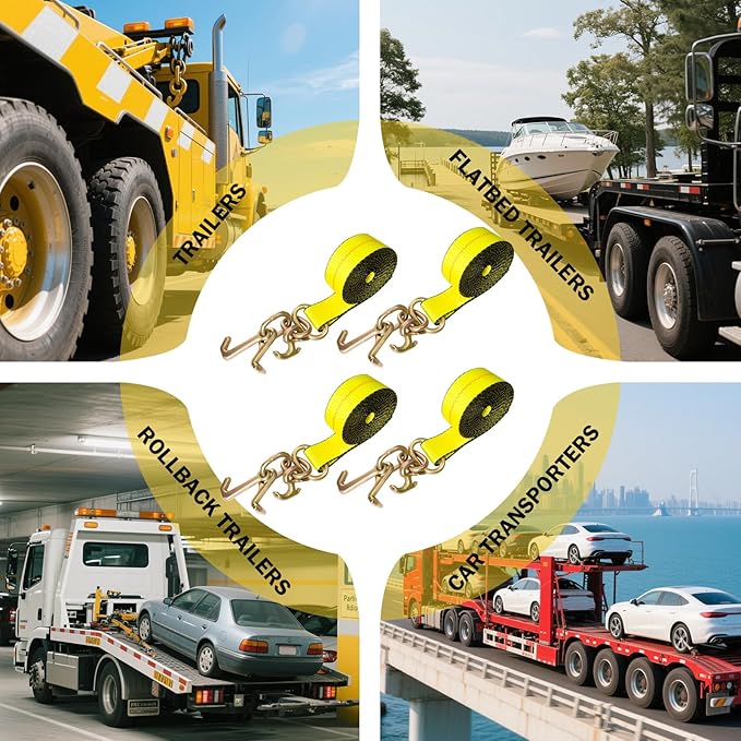 4PCs 2" x12' Recovery Winch Strap w/RTJ Cluster Hook, 10000LBS Tow Truck Car Wrecker Winch Tie Down Straps, Heavy Duty Autohauler Car Tie Down Straps