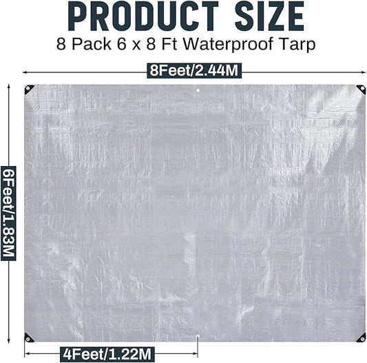 12 Pack 6 x 8 ft 5.5 Mil Large Tarps Heavy Duty Waterproof Tarp Multi Purpose Tent Cover for Home Boats Cars Camping Patio Furniture Roof Emergency Rain Protective Cover, Silver