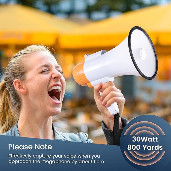 30 Watt Power Portable Megaphone Bullhorn Speaker Voice, Siren/Alarm and 240S Recording with Volume Control and Strap