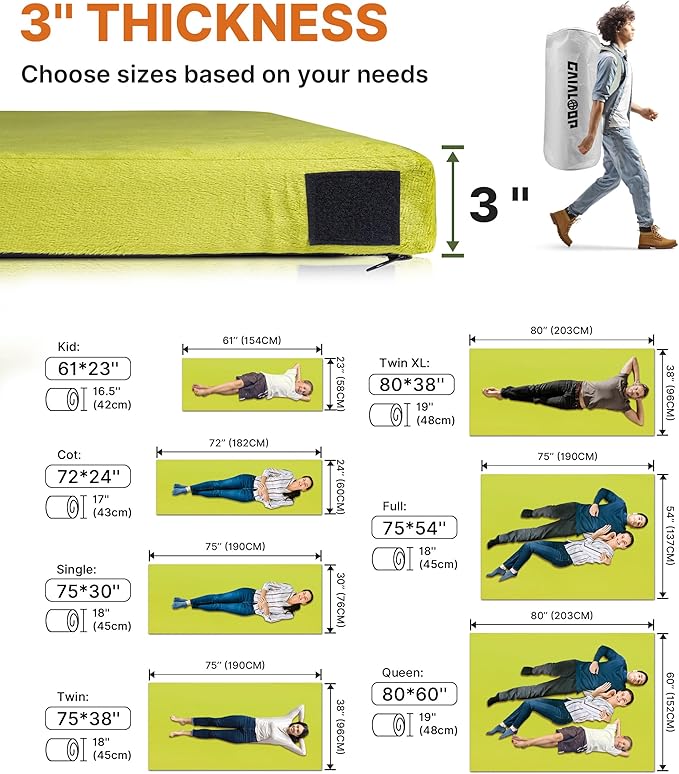 3 Inch Memory Foam Camping Mattress, Dual Layer Thick Sleeping Camp Pad for Car Tent Cot, Roll-Up Portable Glamping Floor Bed for Guests Sleepover