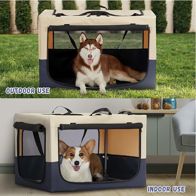 PETSFIT Soft Dog Crate, with Patented Adjustable Fabric Cover, Chewproof & Lockable Mesh Doors, Waterproof Base Portable Kennel Beige 30 Inch