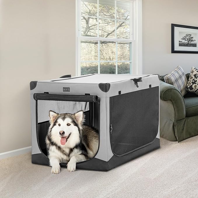 PETSFIT Travel Dog Crate, with Patented Adjustable Fabric Cover, Chewproof & Lockable Mesh Doors, Waterproof Base Soft Sided Kennel Grey 40 Inch