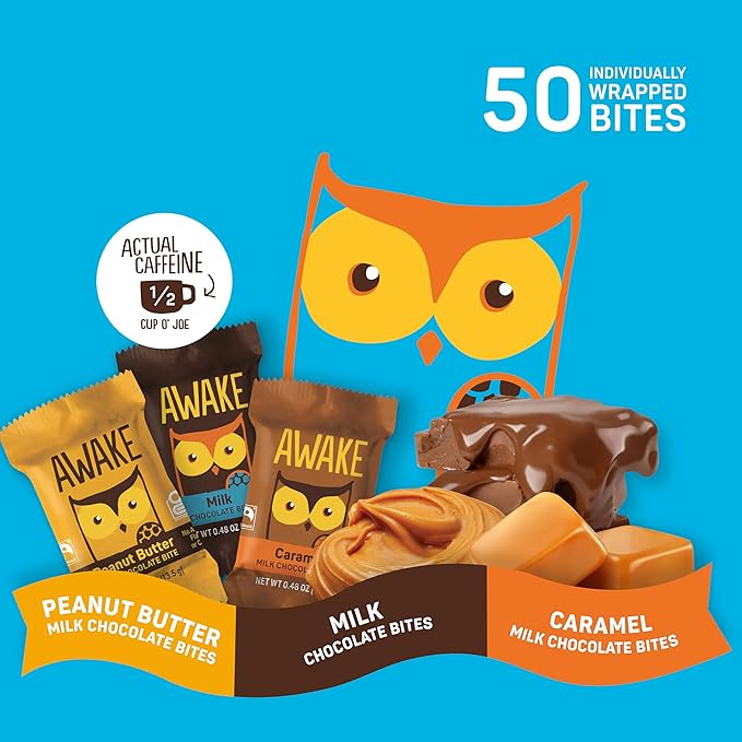 AWAKE - Caffeinated Chocolate Bites - 50mg Caffeine - Variety Pack (3 Flavors), 50 Bites - Peanut Butter, Milk, & Caramel - Energy Bites - Coffee Alternative - Fairtrade, Gluten Free, Non GMO - 0.48oz