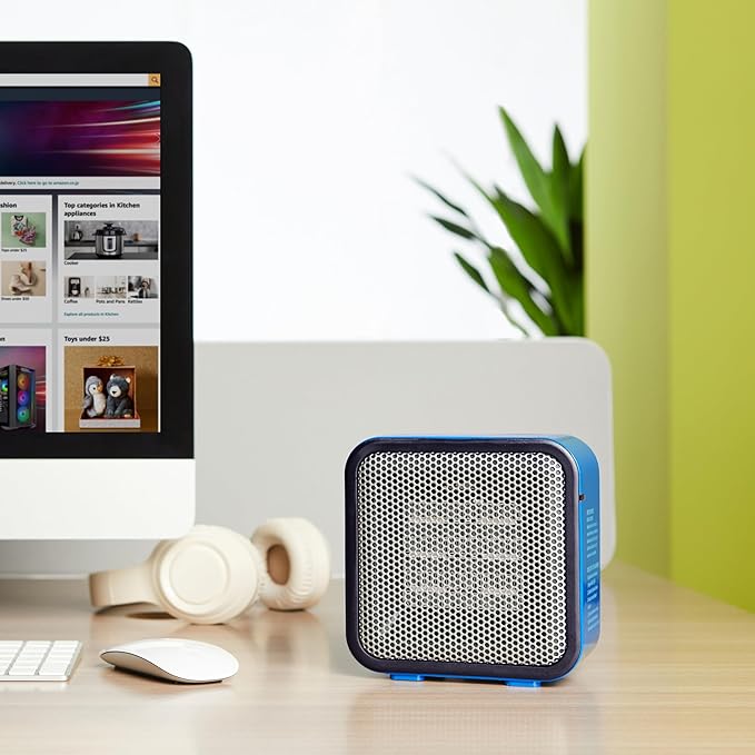 Amazon Basics Ceramic Space Heater, Mini Heater for Office Desk, Portable Tent Heater (Indoor Use), 500 W, With Tip-Over Protection, Lightweight (1.4 LBS), Blue, 5.9 x 3.2 x 6 inches