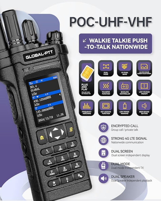 Pack of 2 Dual-Mode PoC + Analog Radios — Nationwide 4G LTE Push-to-Talk Unlimited Range & UHF VHF Two-Way Radios, Dual Screen Speaker | 136-174/400-490 MHz | Encrypted Calls (Black, 5288Plus)
