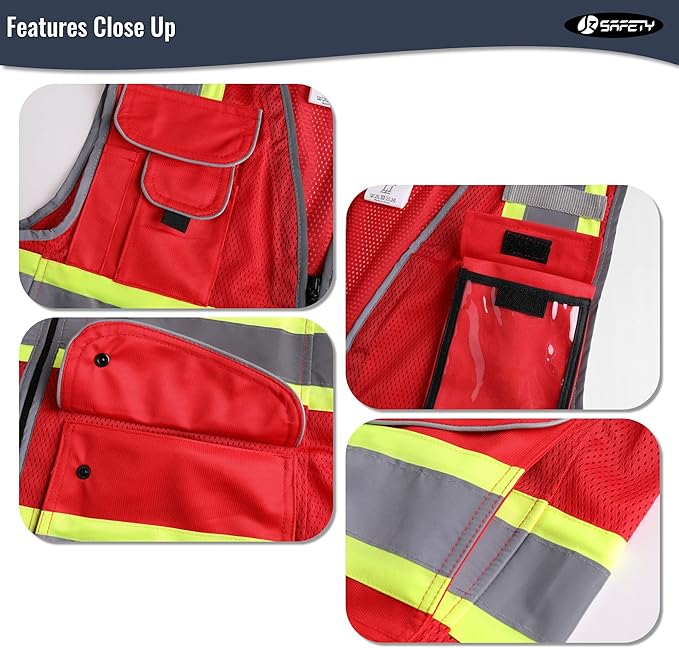 JKSafety 11 Pockets Hi-Vis Black Mesh Safety Vest for Men Women High Visibility Reflective Construction with Zipper Work Utility PPE Work Gear ANSI/ISEA compliant (102-Red M)