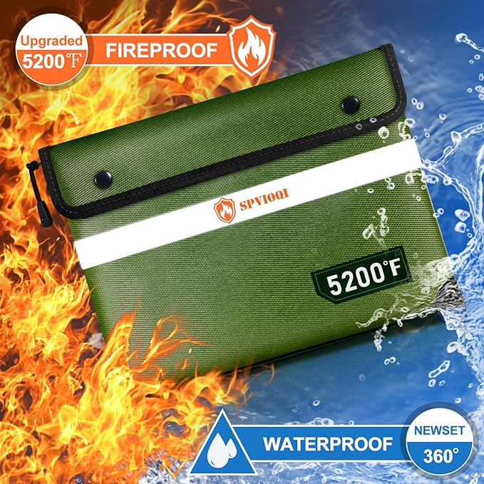 SPVIOQI Upgraded 5200F Fireproof Document Bag - Heat Insulated, 8 Layers of Functional Materials, Water Resistant, Fireproof Safe Pouch with Zipper, Perfect for Cash/Documents/Valuables