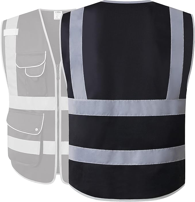 JKSafety 9 Multi-Functional Pockets Zipper Front Safety Vest With Reflective Strips Meet ANSI/ISEA Standards (150-Black, X-Large)