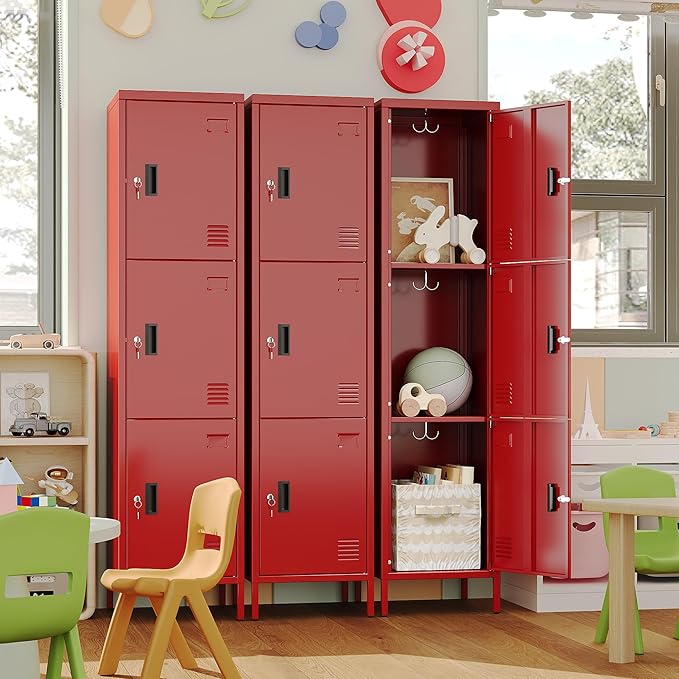 METAN Metal Storage Employees Lockers with 3 Lockable Doors and Hooks,66''H*16''W*16''D Locking Storage Cabinets for Small Spaces,Home,School,Gym,Assembly Required,Red