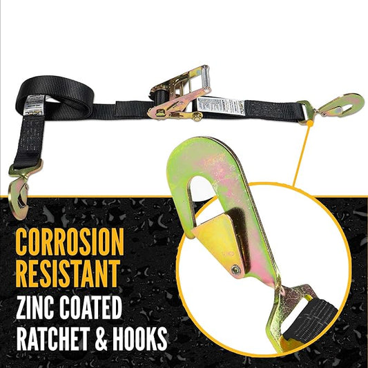 US Cargo Control Automotive Ratchet Strap with Snap Hook, 2 Inch Wide X 8 Foot Long, Black, Twisted Snap Hook, 2 Pack
