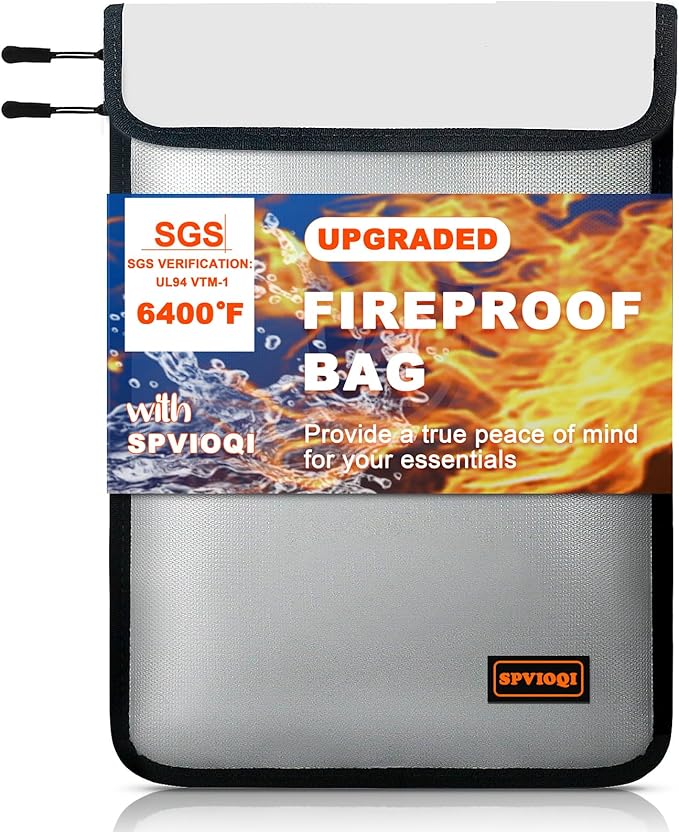 6400°F Fireproof Document Bag, Upgraded Fireproof Money Bag for Cash w. Zipper/Reflective Strip, Double Pouch,18Layers of Heat Insulated Materials, Water Resistant Fire proof envelope for Documents