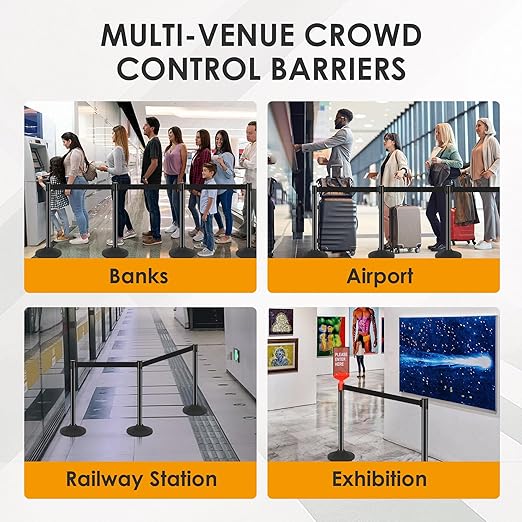 6 Pack Stanchions with Retractable Belts - Heavy Duty Crowd Control Barriers with Weighted Rubber Base, 10FT Retractable Belt Stanchions for Queue Line, Events, Public Safety(Black,6 Pack)