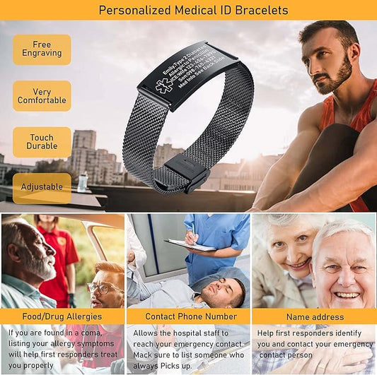 VNOX Medical Alert Bracelets for Men & Women Kids with Free Engraving Adjustable Stainless Steel Mesh Emergency Medical ID Bracelets Wristband