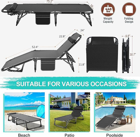 ABORON Patio Lounge Chair, Folding Guest Bed Cot for Adults, 500LB Heavy-Duty Capacity, Portable Extra Bed with Comfort Mat, Quick Fold Design for Indoor Guest Stays & Temporary Use