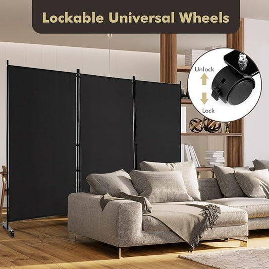 Giantex 3 Panel Room Divider with Wheels, 103''W x 71''H Folding Privacy Screen, Rolling Partition Room Dividers for Home Office Studio, Freestanding Fabric Wall Divider for Room Separation, Black
