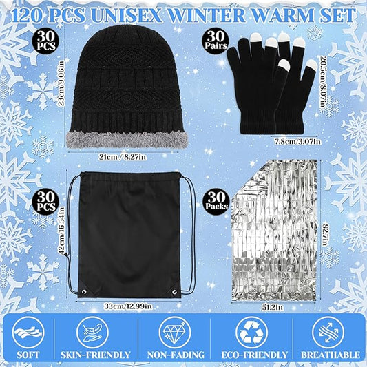 Geyoga 120 Pcs Charity Donation Homeless Care Supplies Bulk Winter Beanie Emergency Blanket Touchscreen Glove Drawstring Bags