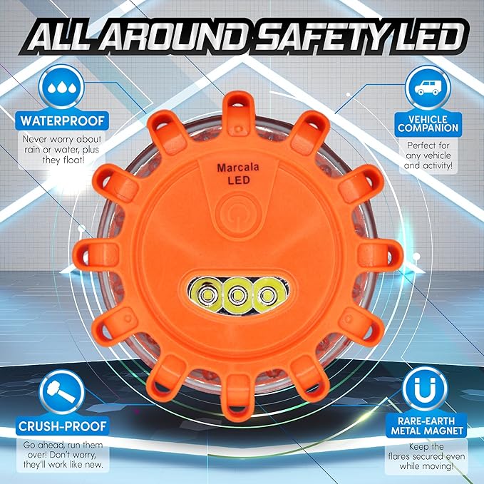 MARCALA Emergency Flares for Cars 12-Pack | Roadside Emergency Car Kit with Flares | Roadside Safety Discs | LED Safety Flare Emergency Lights | Complete Safety Disc Kit | Seen from a Mile Away
