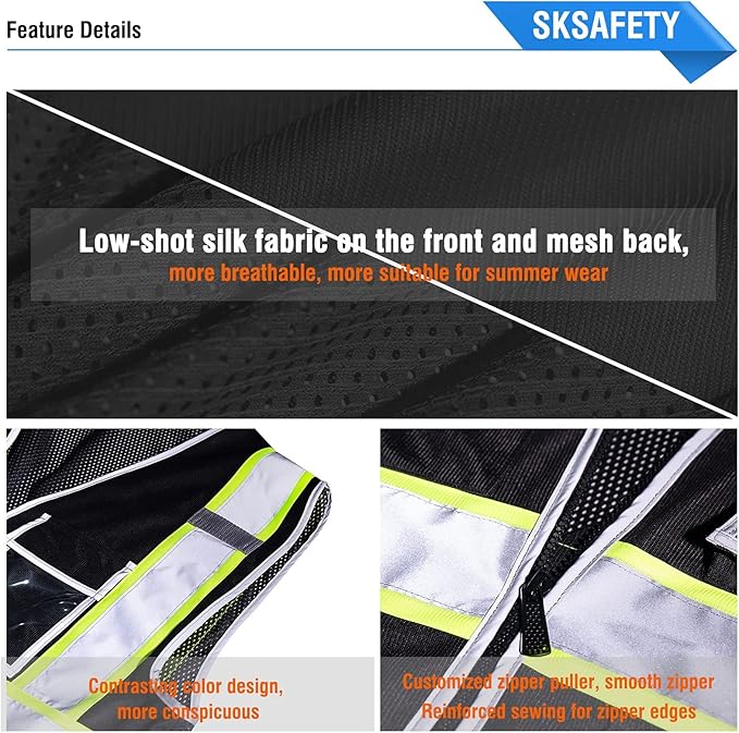 SKSAFETY 10 Pockets Safety Vest, Class 2 High Visibility Security with Zipper Back Mesh, Hi Vis Vest with Reflective Strips, ANSI/ISEA Standard, Construction Work Vest for Men & Women (Black, M)