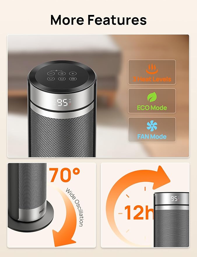 Dreo Space Heater for Large Room, 23 Inch Electric Heaters for Indoor Use, 8 Safe Protection Tower, 70° Oscillation, PTC Ceramic with Thermostat and Remote, Quiet, 12H Timer, Bedroom, Office