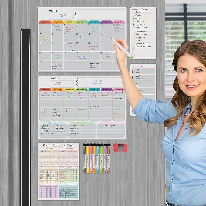 Hivillexun Magnetic Dry Erase Calendar Whiteboard Set (5-Pack) – Includes Monthly Planner, Weekly Planner, Meal Organizer, Conversion Chart, Shopping List – 8 Markers & Eraser for Family Organization