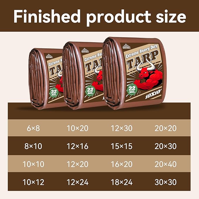 12x24 FT Tarp 22 mil Extreme Heavy Duty Waterproof tarps,Brown&Beige Multipurpose Outdoor Tarpaulin Tear-Proof&UV-Resistant,for Canopy,Camping,Roof,Trailer, Etc