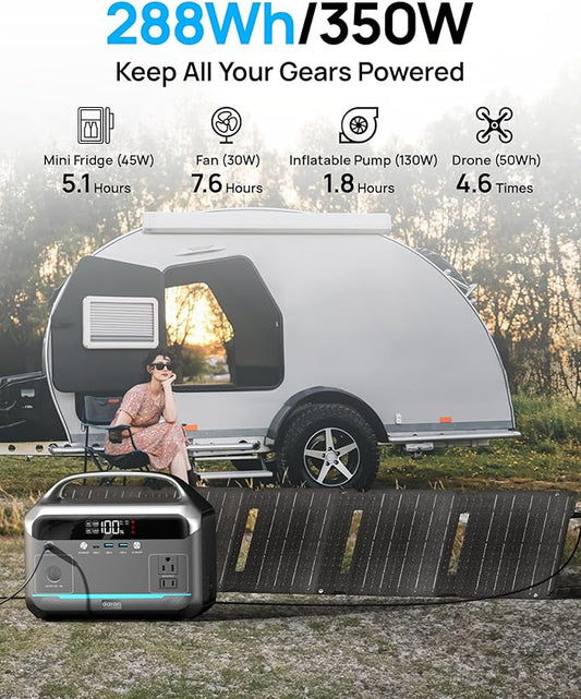 Portable Power Station 350W with 40W Foldable Solar Panel, 288Wh LiFePO4 Solar Generator, 600W Surge Battery Backup, 90,000mAh Outdoor Power Bank for Home Emergency, RV, Camping, Off-Grid, Laptops