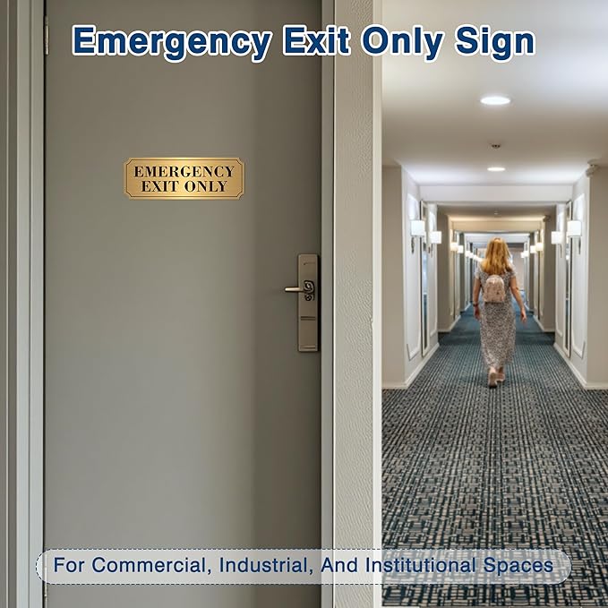 2PCS Emergency Exit Only Signs Sticker,Self Adhesive Water & Fade Resistant Black Gold Exit Only in Emergency Sign for Business, Schools, Offices, Storage Rooms, Hospitals
