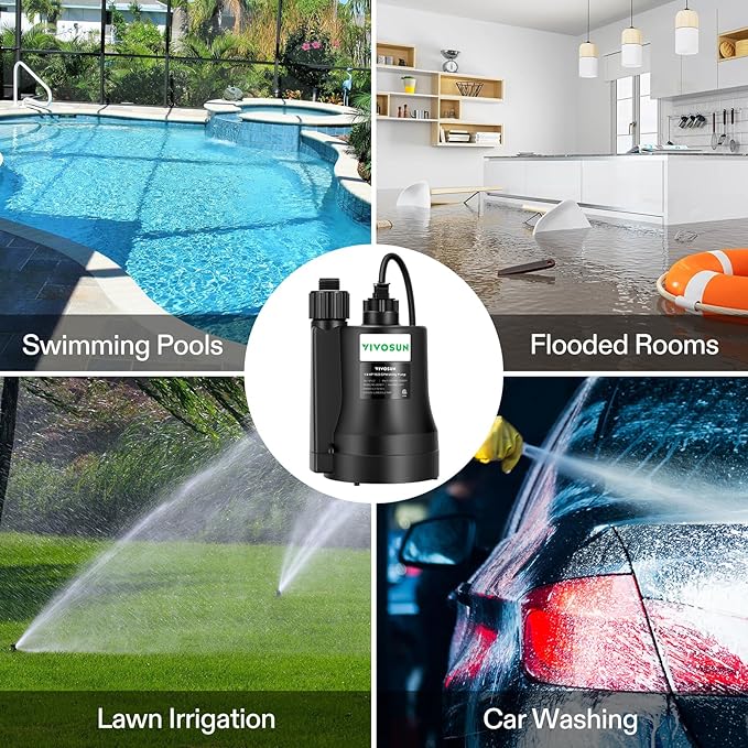 VIVOSUN Submersible Water Pump, 1/4HP 1620GPH Utility Pump, Thermoplastic Sump Pump with 10ft Cable, Compact and Portable, Ideal for Ponds, Basements, Swimming Pools, Hot Tubs Draining