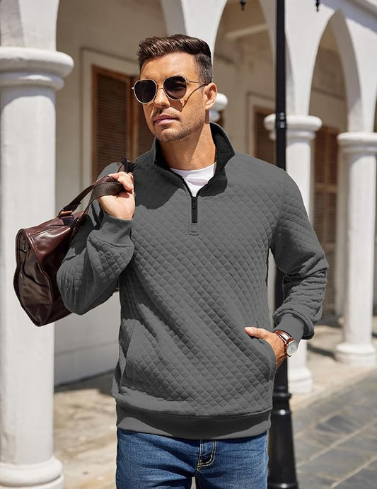 COOFANDY Mens Quarter Zip Pullover Quilted Sweatshirt Knit Long Sleeve Mock Neck Sweater Polo with Pocket
