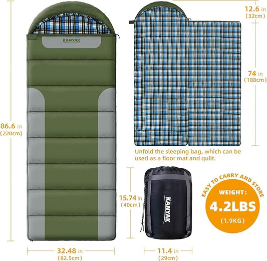 Cotton Flannel Lined Sleeping Bag for Adults Teens Kids, Cold Weather &Warm, 3 Seasons, Lightweight Compact Camping Essentials Equipment, Hiking, Outdoor, Travel