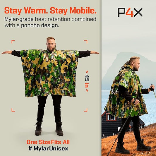 PREPARED4X Emergency Poncho and Mylar Blanket Liner - Waterproof, Wind-Resistant Outdoor Rain Poncho for Camping, Emergencies