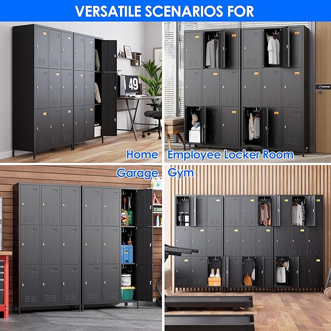 Metal Lockers for Employees with 9 Doors and 27 Hooks, 72”H Storage Locker with Card Slot for Office Gym School Bedroom, Black, Assembly Required