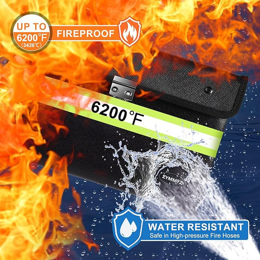 Upgraded Insulated FireProof Money Bag with lock for Cash,6200℉ Fireproof&Waterproof Document Pouch with Water Resistant Zipper Envelopes for Important Documents,Valuables(Not Suitable for A4 Files)