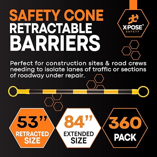 Retractable Barrier for Safety Traffic Cones - 53" to 84" - 2" OD - Large Yellow & Black Bar Barricade Bulk Half Pallet 360 Pack for Road Construction, Parking,Warning,Security Divider by Xpose Safety