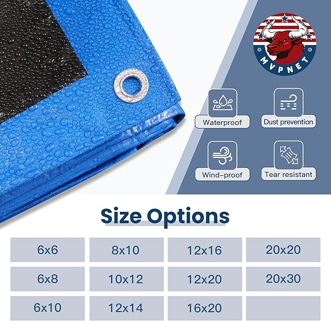 Tarp 6x6 Waterproof 7mil Blue/Black Multipurpose Tarps Uv Resistant Outdoor Tarp for Camping, Rooftops, Yards, Pools, Vehicles, Boats by-MVPNET