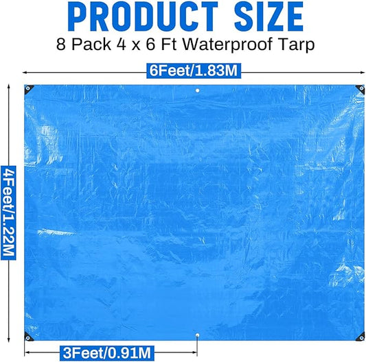 8 Pack 4 x 6 ft 5.5 Mil Small Tarps Heavy Duty Waterproof Tarp Multi Purpose Tent Cover for Home Boats Cars Camping Patio Furniture Roof Emergency Rain Protective Cover, Blue