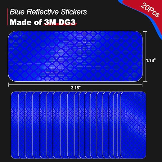 20 Pcs Super Reflection Reflective Stickers, Blue, Made of 3M DG3, Safety Reflective Tape for Car, Bike, Mailbox, Helmet, Outdoor, Waterproof, 3.15" X 1.18"