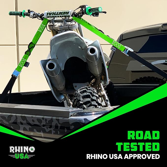 Rhino USA Motorcycle Tie Down Straps (2 Pack) Lab Inspected 2,200lb Break Strength, Steel Cambuckle Tiedown Set with Integrated Soft Loops - Better Than a Ratchet Strap (Green 2-Pack)