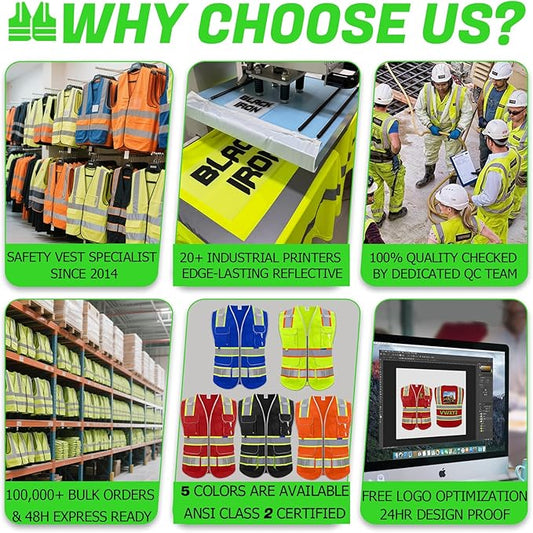 BeautyWill 10 Pack Custom Logo Safety Vest ANSI Class 2 High Visibility Reflective Vest Personalized Construction Vest Bulk
