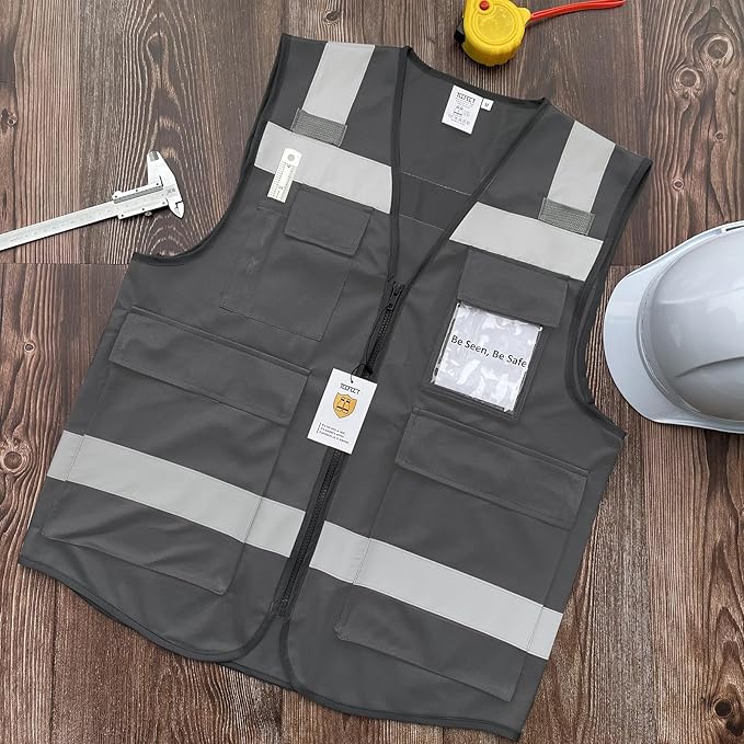 TCCFCCT Reflective Safety Vest with 5 Pockets High Visibility Vest for Men Women, Work Vest with Horizontal Strip for Walkie-talkie and ID Card, Meets ANSI/ISEA Standards, Grey, 4XL