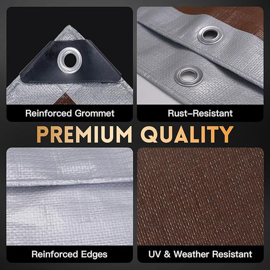 Tarp 10x12 ft Heavy Duty 10mil Silver/Brown 100% Waterproof High Durability Multipurpose Outdoor Tarpaulin,Uv Resistant,for Courtyards,Camping, Canopy, Trailer, Boats, Camping, Etc -by MVPNET