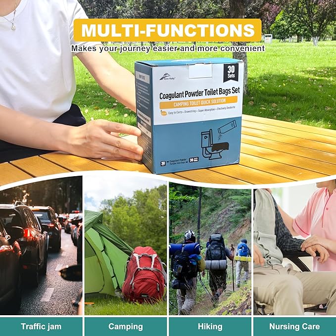 Super Absorbent Polymer 30 Packs,Portable & Fast-Absorbing Camp Toilet Chemicals Gel with 5 Gallon Bucket Toilet Luggable Drawstring Bag, Emergency Toilet Bag&Potty Gel