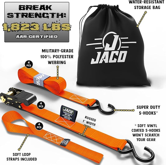 JACO Ratchet Tie Down Straps - 1 inch x 15 ft (Pack of 4) | 1,823 lbs (Orange)