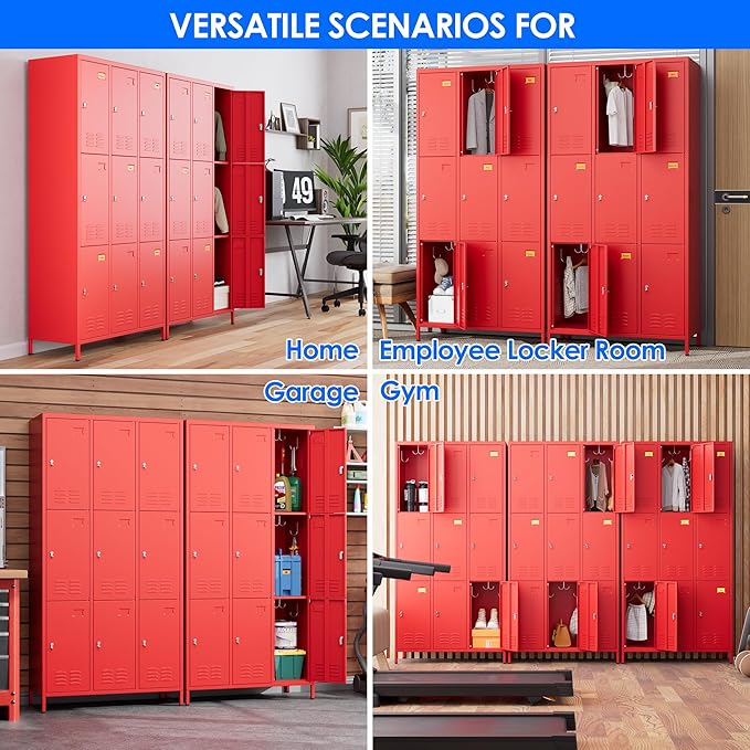 METAN Metal Locker for School Office Gym Bedroom,9 Doors Steel Storage Lockers Cabinet for Employees,Industrial Storage with Padlock,Assembly Required,Red