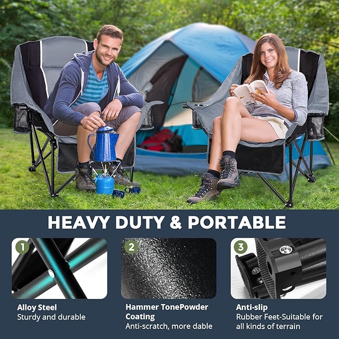 Oversized Folding Camping Chair for Adults Heavy Duty Padded Outdoor Chairs Big and Tall XL Picnic Chair with Cup Holders 400lb Capacity, Comfy for Lawn Sports and Outside Use