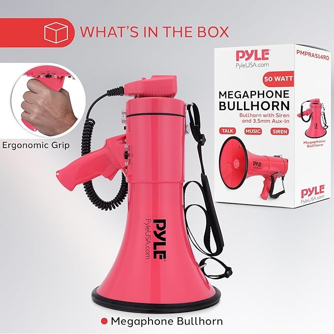Pyle 50W Megaphone Bullhorn - Portable, Automatic Siren & Adjustable Volume, Projection Range Up to 1200 Square Yards, Aux Input, Talk, Siren, Music, Whistle, & Record, Shoulder Strap (Black)